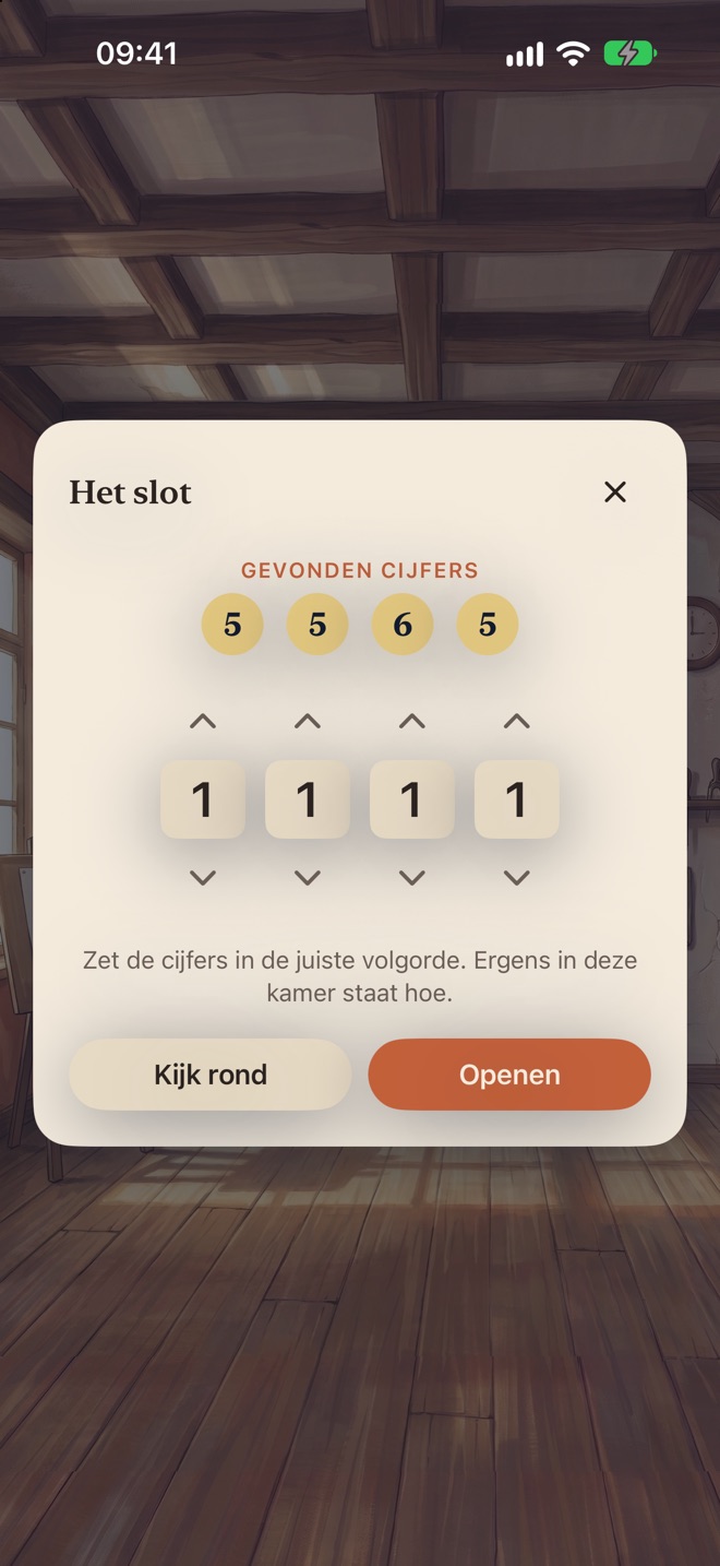 Het slot van de deur met de vier gevonden cijfers en vier draaischijven.