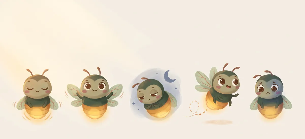 Lumi the firefly in five poses: eyes closed, waving, sleepy under the moon, flying happily and looking a little concerned.