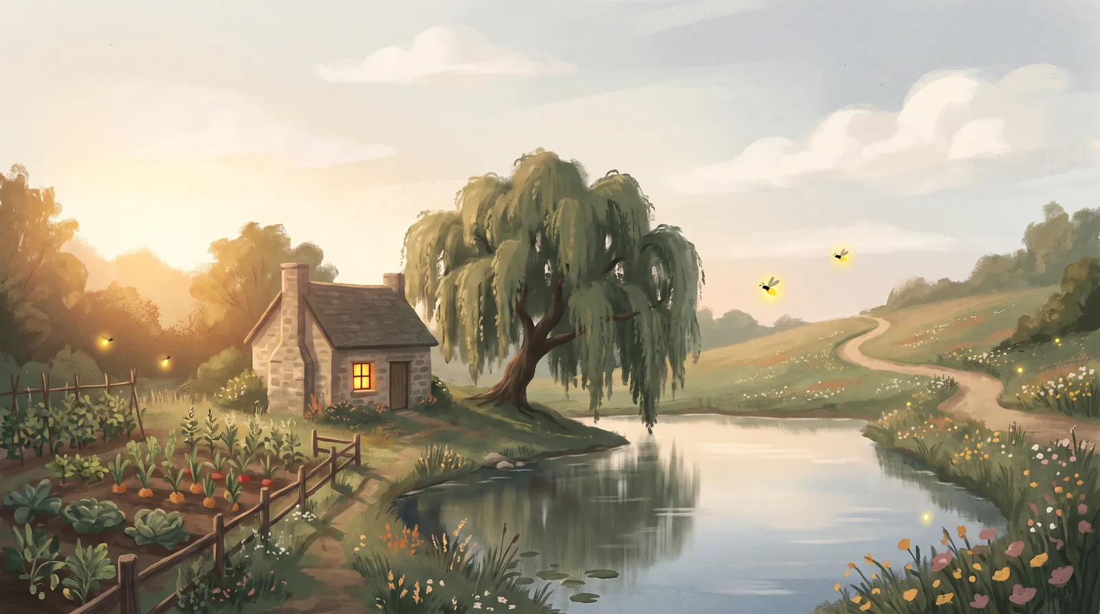 Een geschilderde vallei met een stenen huisje en een moestuin, een treurwilg aan een vijver en vuurvliegjes boven het water in de avondzon.